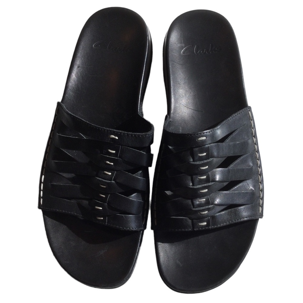 Clarks Black Leather Slide Sandals